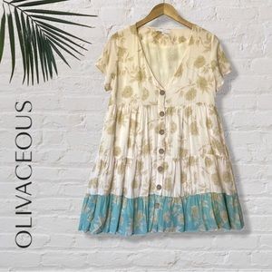 Olivaceous Short Sleeve Button Front Bohemian Floral Mini Dress Ivory & Aqua Med